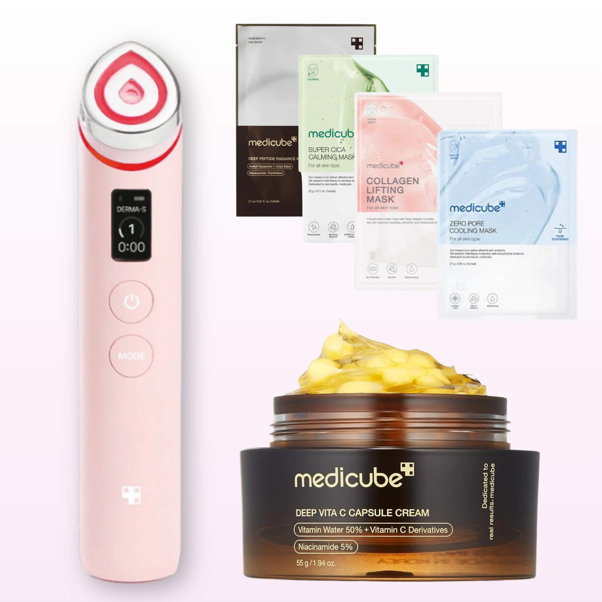 Medicube AGE-R Booster Pro Pink with Deep Vita C Capsule Cream and assorted sheet masks for brightening, calming, lifting, and pore care