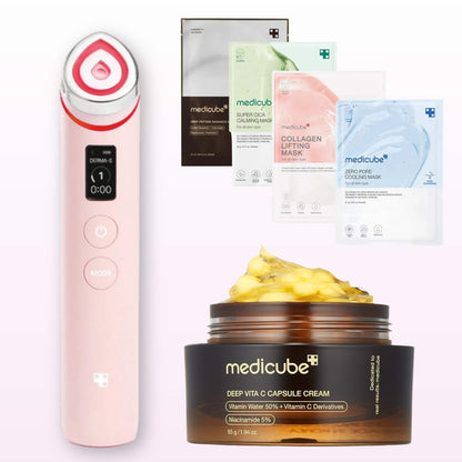 Medicube AGE-R Booster Pro Pink with Deep Vita C Capsule Cream and assorted sheet masks for brightening, calming, lifting, and pore care