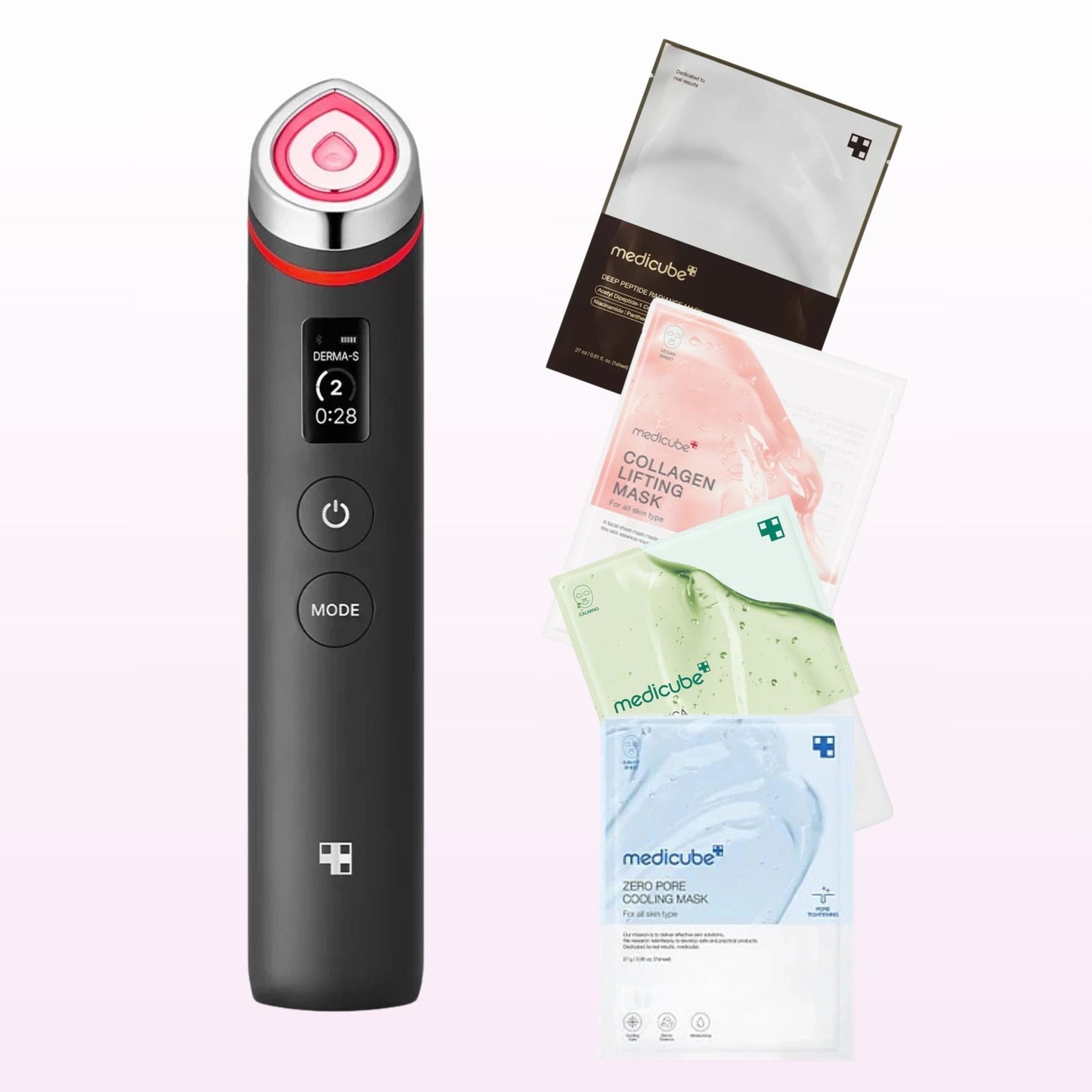 MEDICUBE Age-R Booster Pro Device with 4 Sheet Masks Set – Includes Deep Peptide, Collagen Lifting, Zero Pore Cooling, and Green Sheet Mask. Korean skincare anti-aging facial device for lifting, firming, and absorption boost.