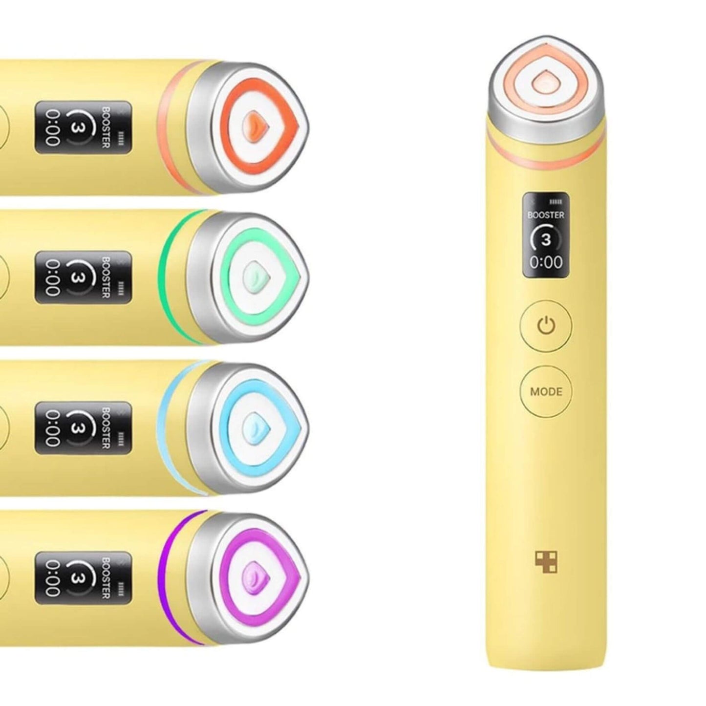 Yellow electronic device with color-coded buttons on a white background