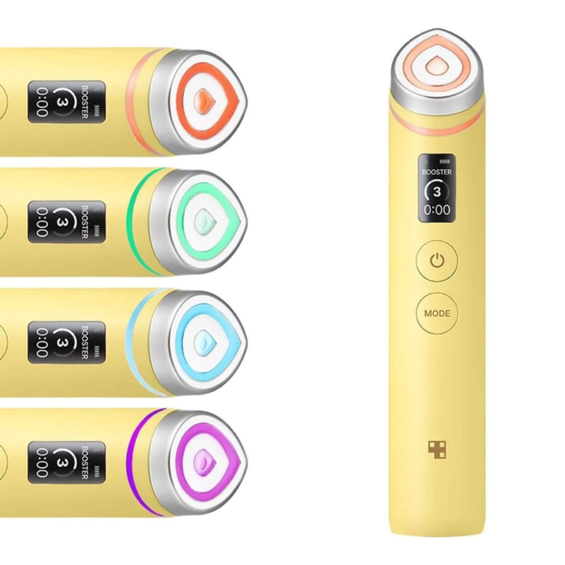 Yellow electronic device with color-coded buttons on a white background