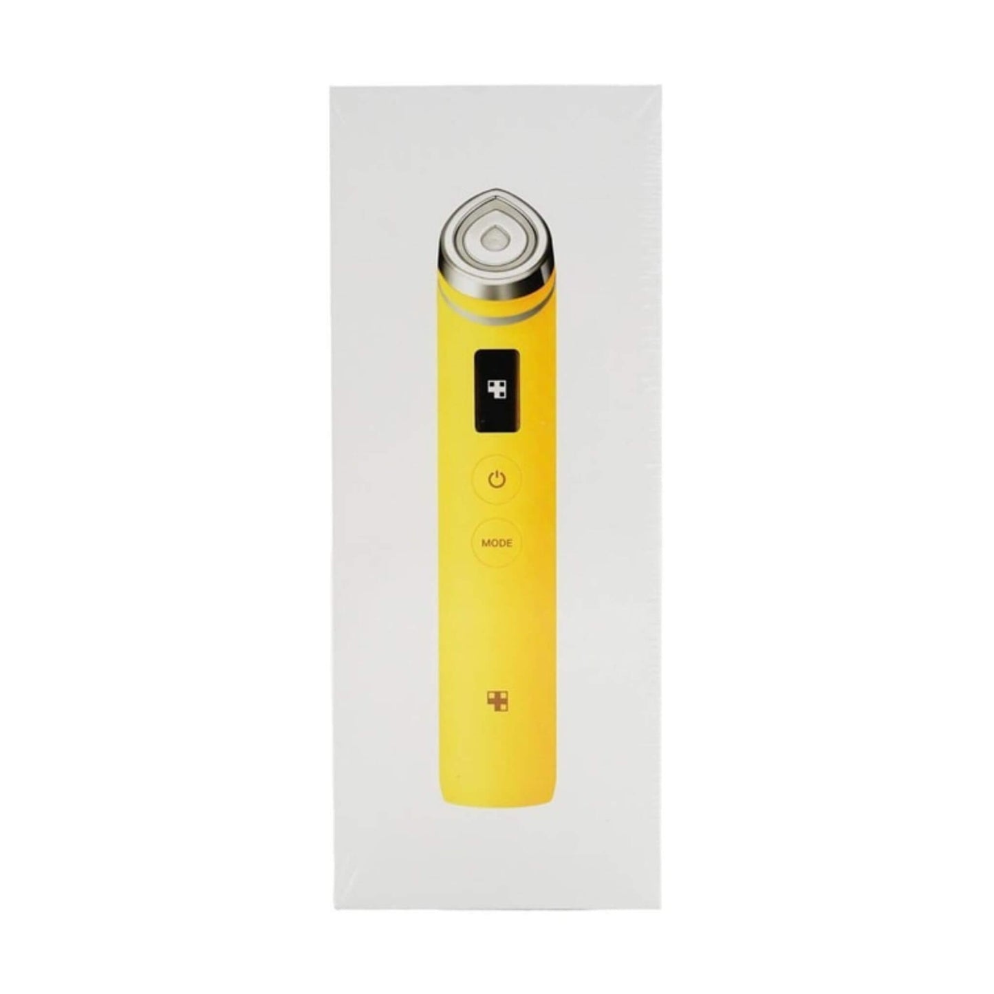 Yellow electronic device with a silver top on a white background
