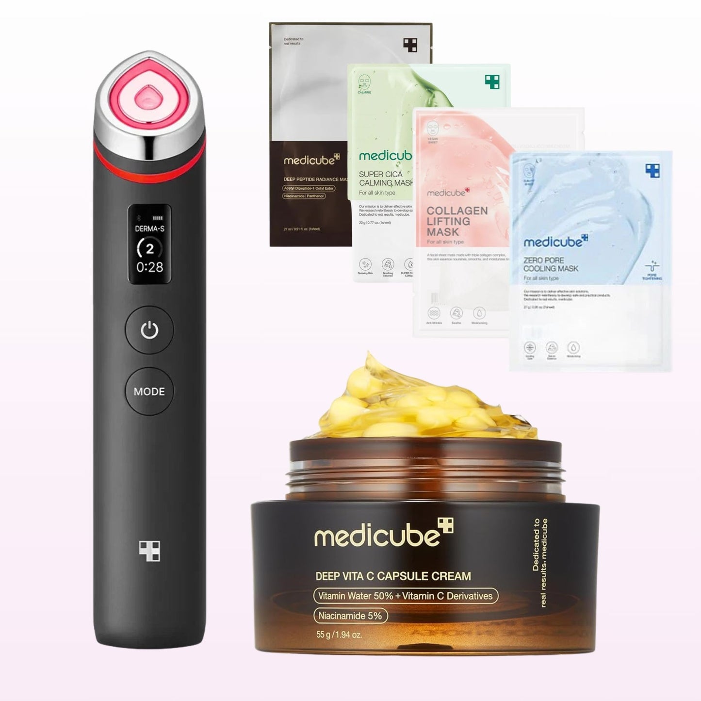 MEDICUBE Age-R Booster Pro Device with Deep Vita C Capsule Cream and 4 Sheet Masks – Anti-aging skincare set including vitamin C cream and lifting, calming, and pore care masks for glowing, firm skin
