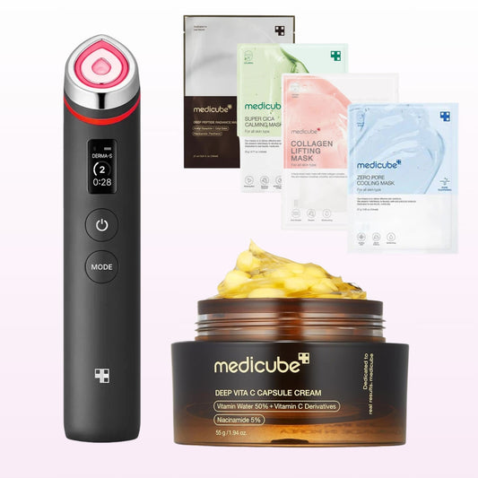 MEDICUBE Age-R Booster Pro Device with Deep Vita C Capsule Cream and 4 Sheet Masks – Anti-aging skincare set including vitamin C cream and lifting, calming, and pore care masks for glowing, firm skin