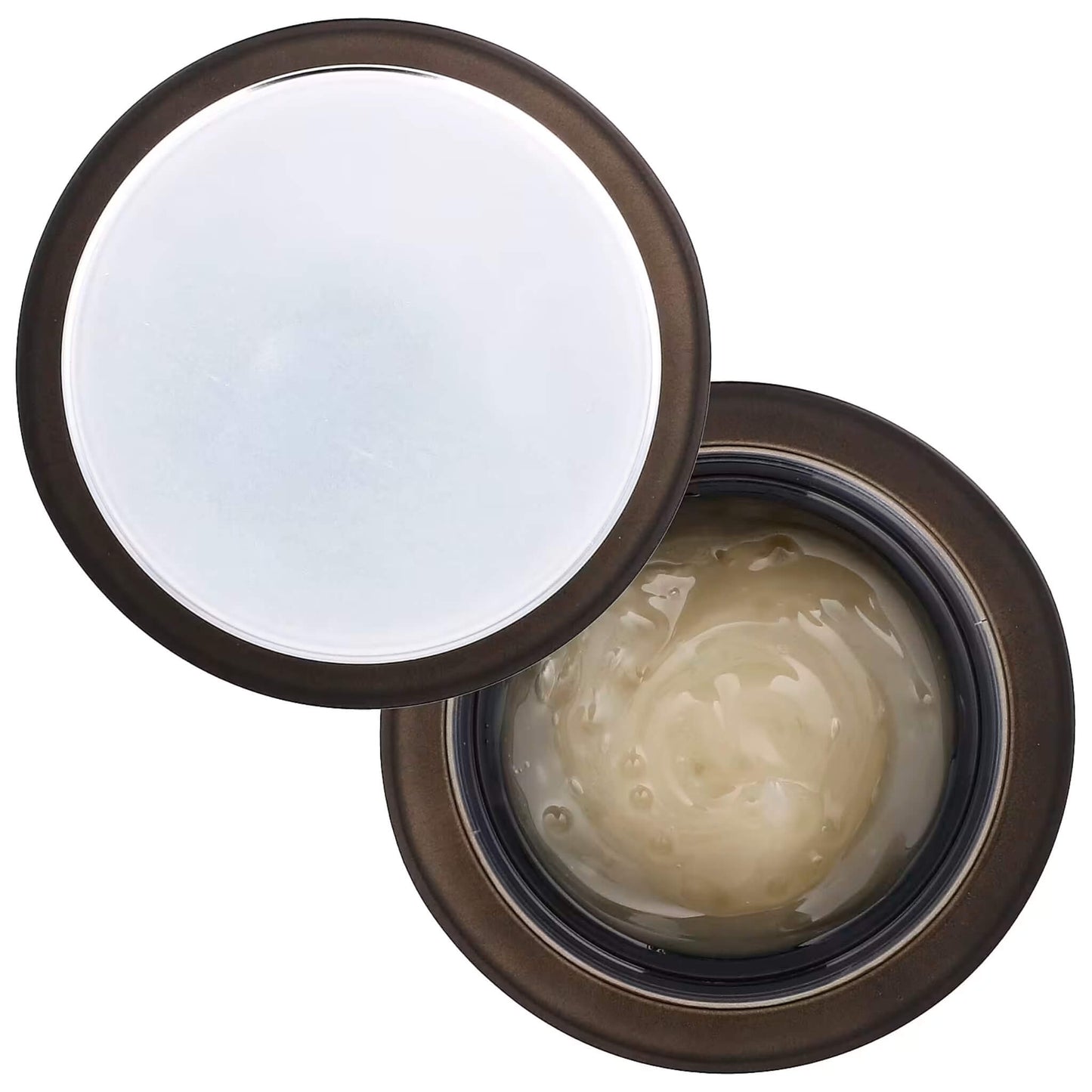 Compact mirror with a round white surface and bronze frame on a white background