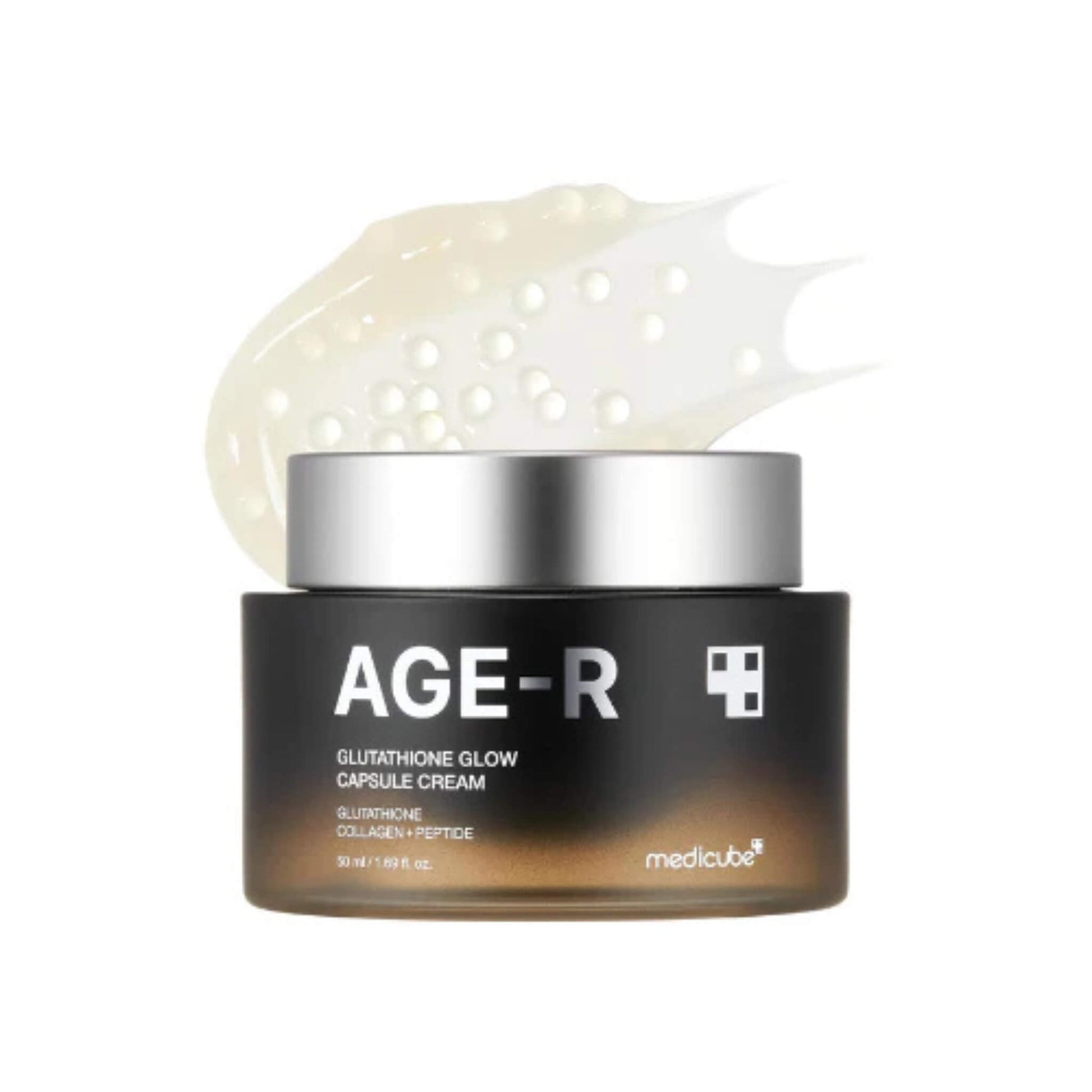 Jar of AGE-R cream with a white cream sample on a white background