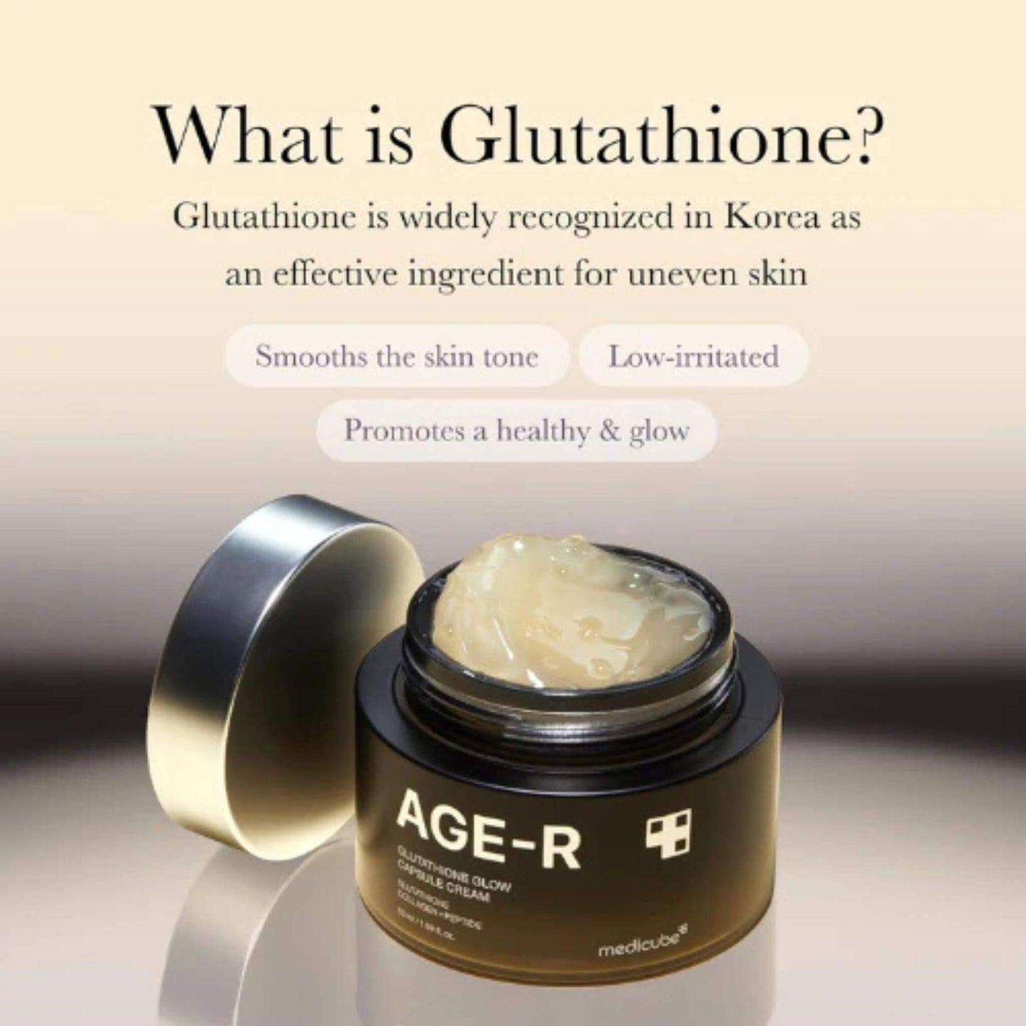Jar of AGE-R cream with text about glutathione's benefits on a beige background