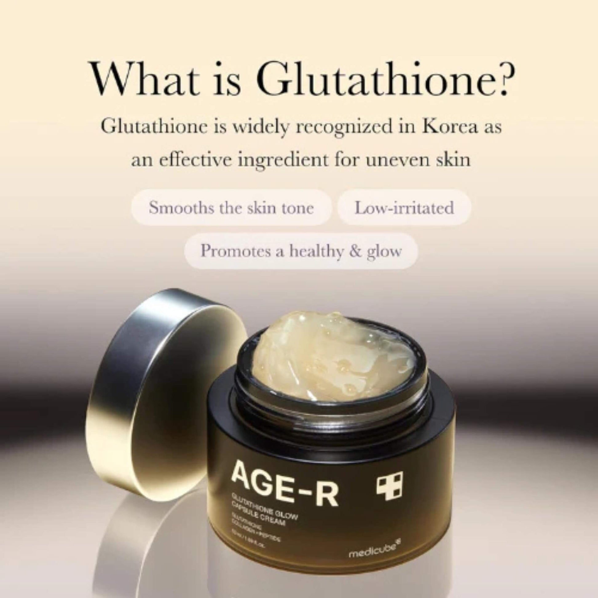 Jar of AGE-R cream with text about glutathione's benefits on a beige background