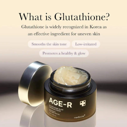 Jar of AGE-R cream with text about glutathione's benefits on a beige background