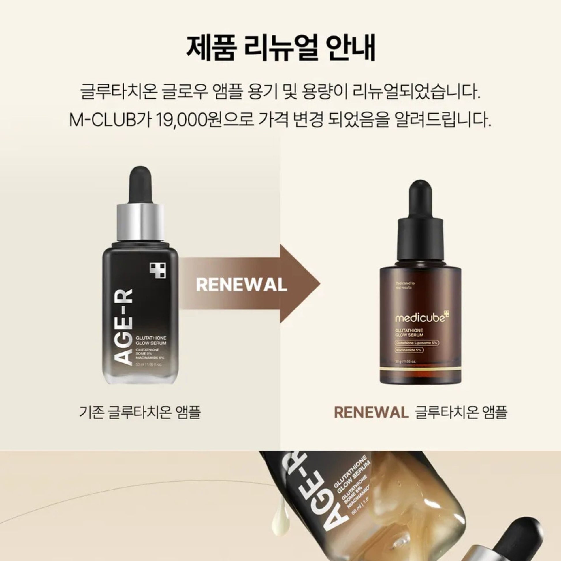 Two skincare product bottles with labels 'AGE-R' and 'medicube', showing a renewal update on a beige background.
