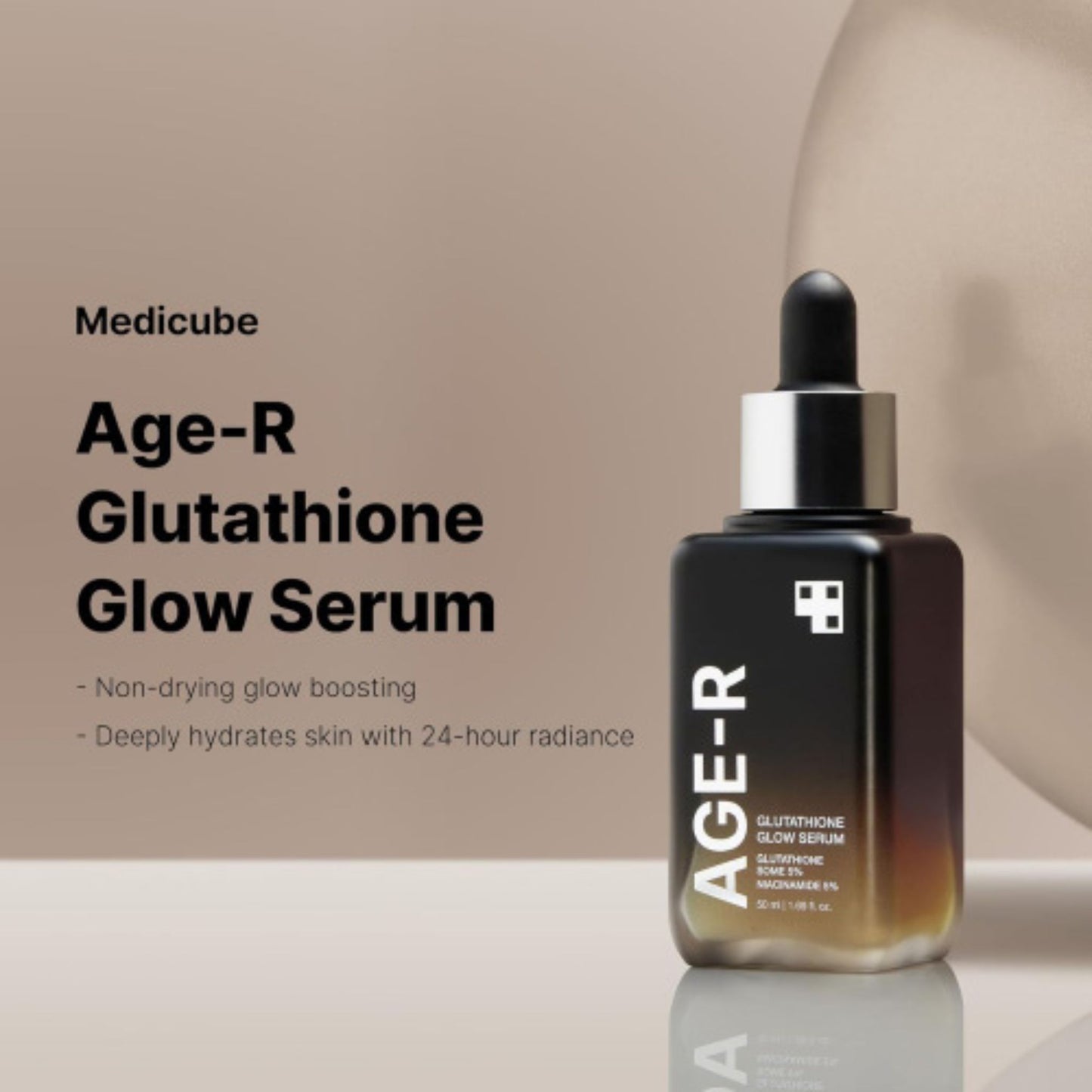 Medicube Age-R Glutathione Glow Serum bottle on a reflective surface with a beige background