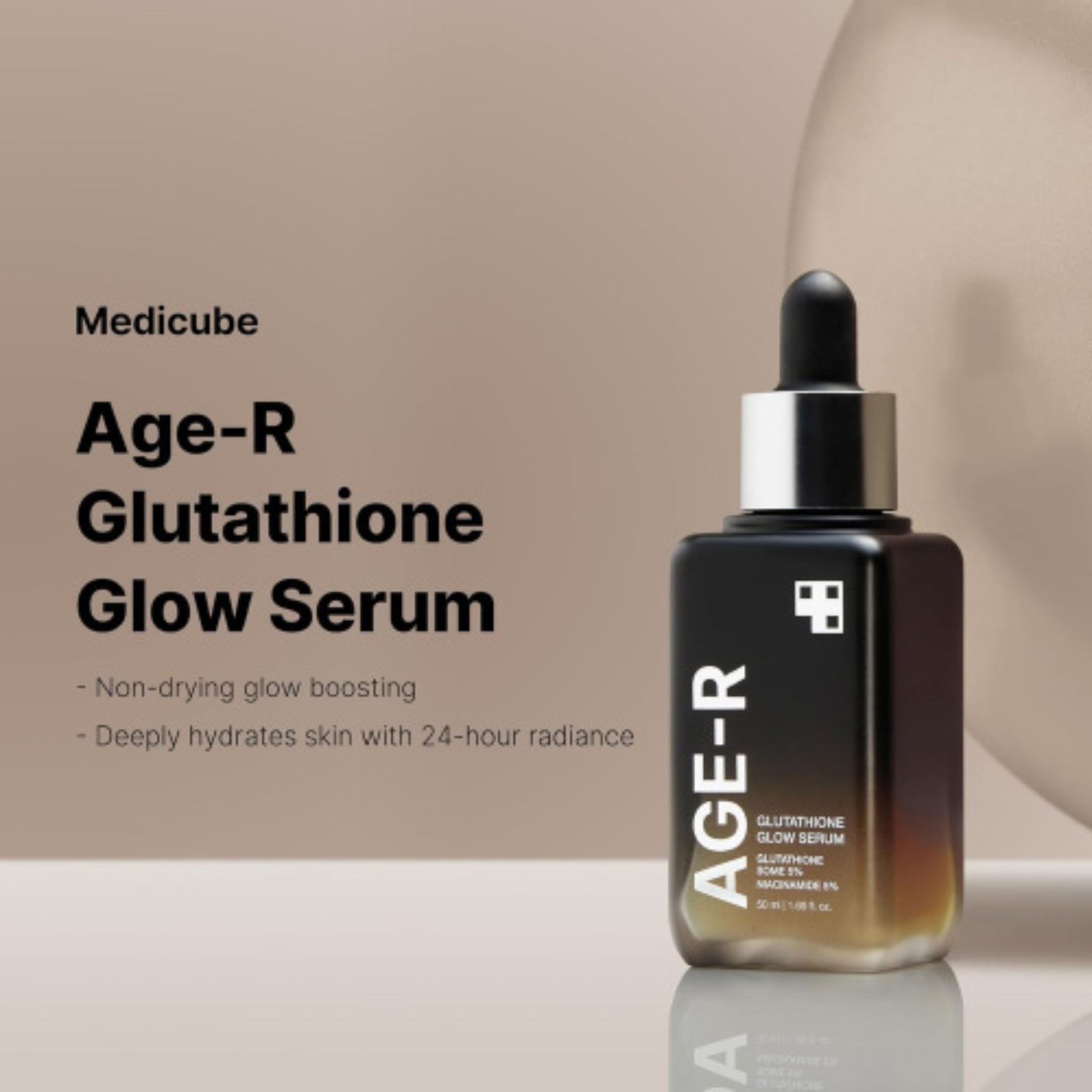 Medicube Age-R Glutathione Glow Serum bottle on a reflective surface with a beige background