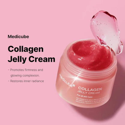 Jar of Medicube Collagen Jelly Cream on a pink background