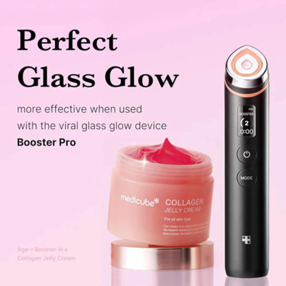 Collagen jelly cream jar and Booster Pro device on a pink background with text 'Perfect Glass Glow'.