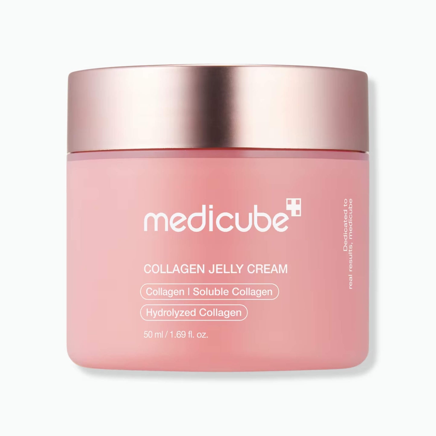 Pink jar of Medicube Collagen Jelly Cream with a rose gold lid on a white background