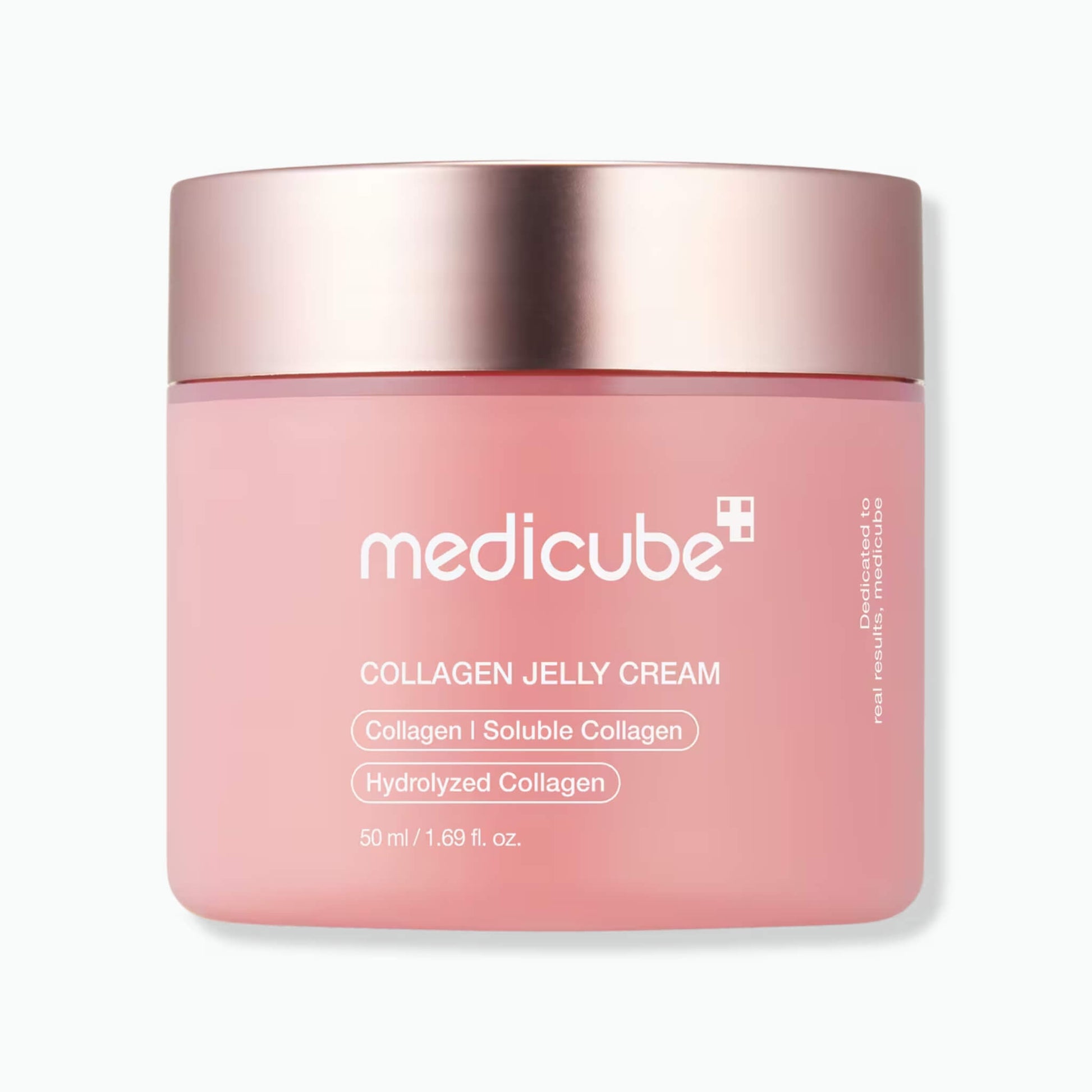 Pink jar of Medicube Collagen Jelly Cream with a rose gold lid on a white background