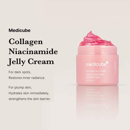 Pink jelly cream jar with Medicube branding on a light gray background