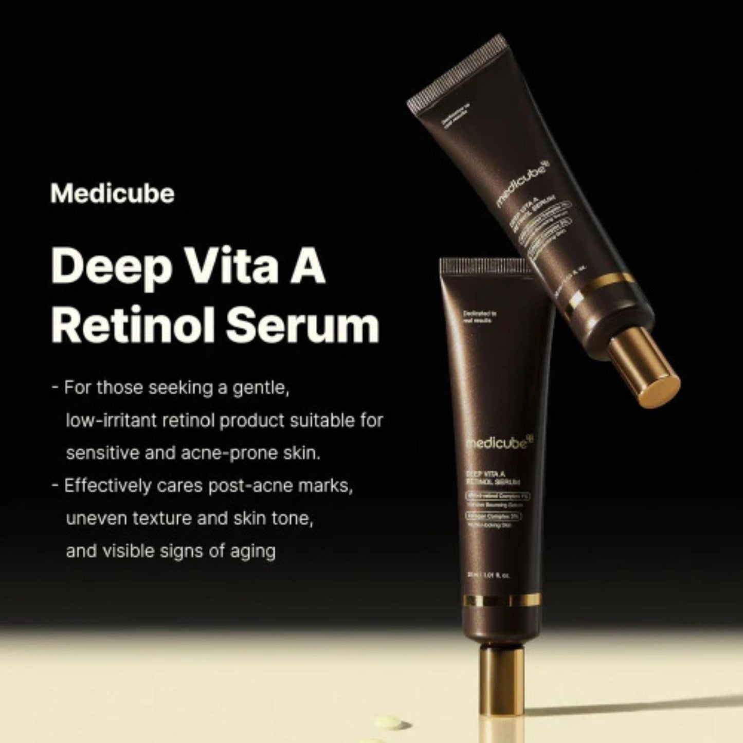 Medicube Deep Vita A Retinol Serum with product description on a black background