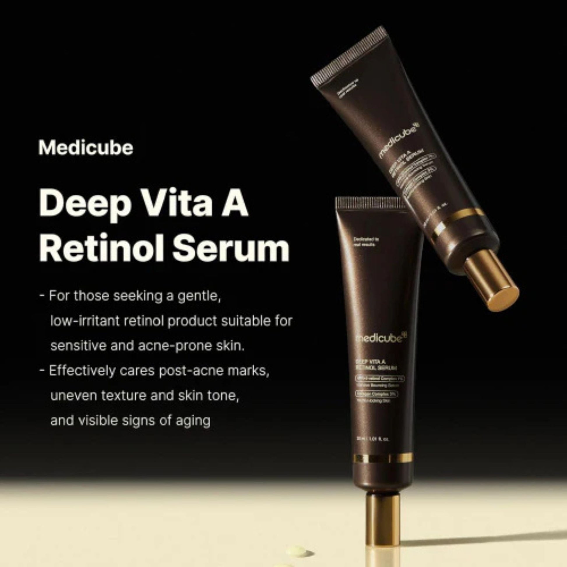 Medicube Deep Vita A Retinol Serum with product description on a black background