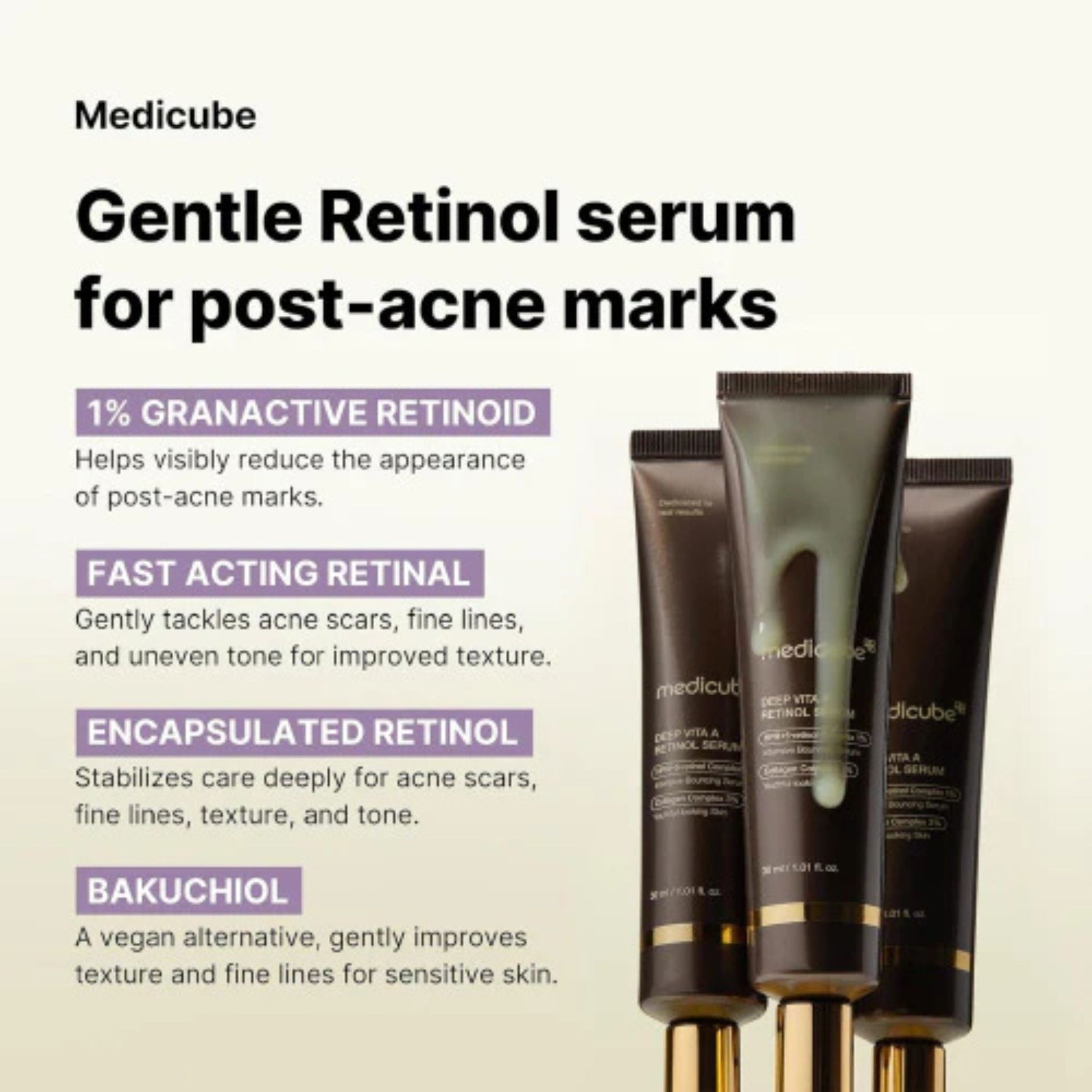 Medicube Gentle Retinol serum for post-acne marks with product packaging on a light background