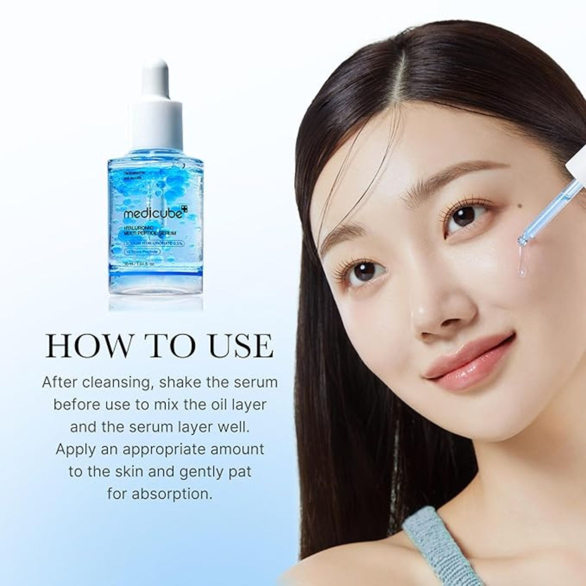 Woman applying skincare product with Medicube serum bottle on the side