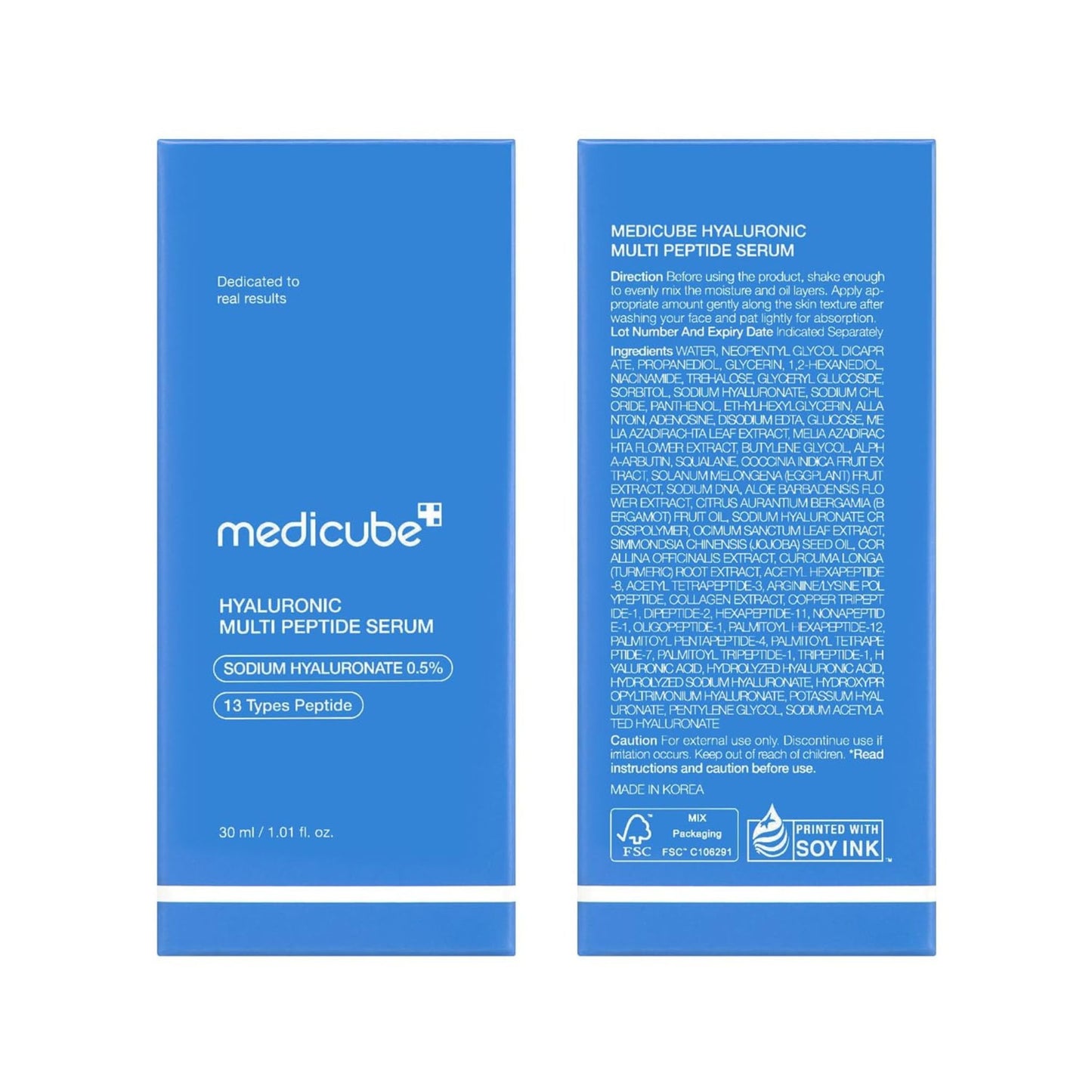 Blue packaging of Medicube Hyaluronic Multi Peptide Serum with text on a white background