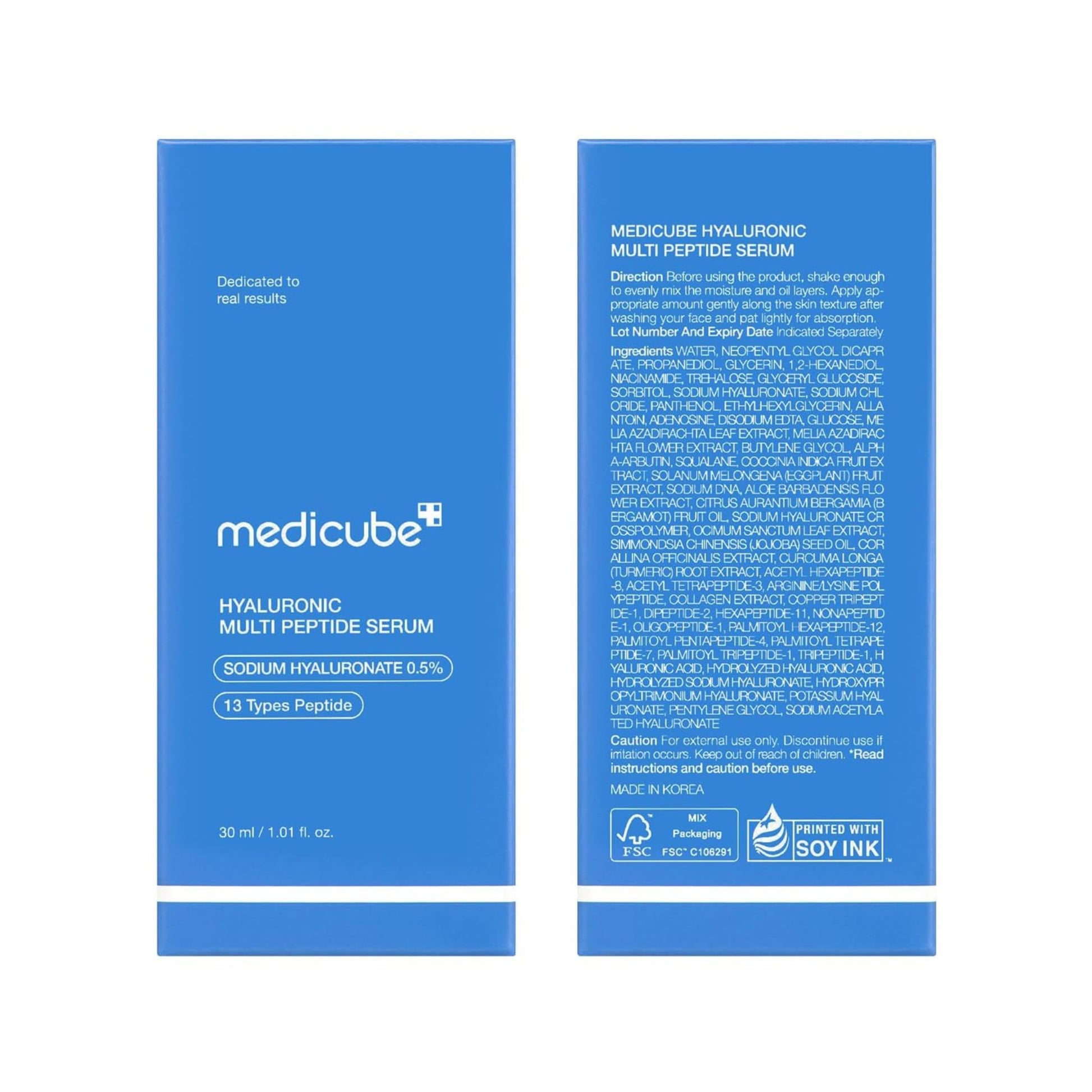 Blue packaging of Medicube Hyaluronic Multi Peptide Serum with text on a white background