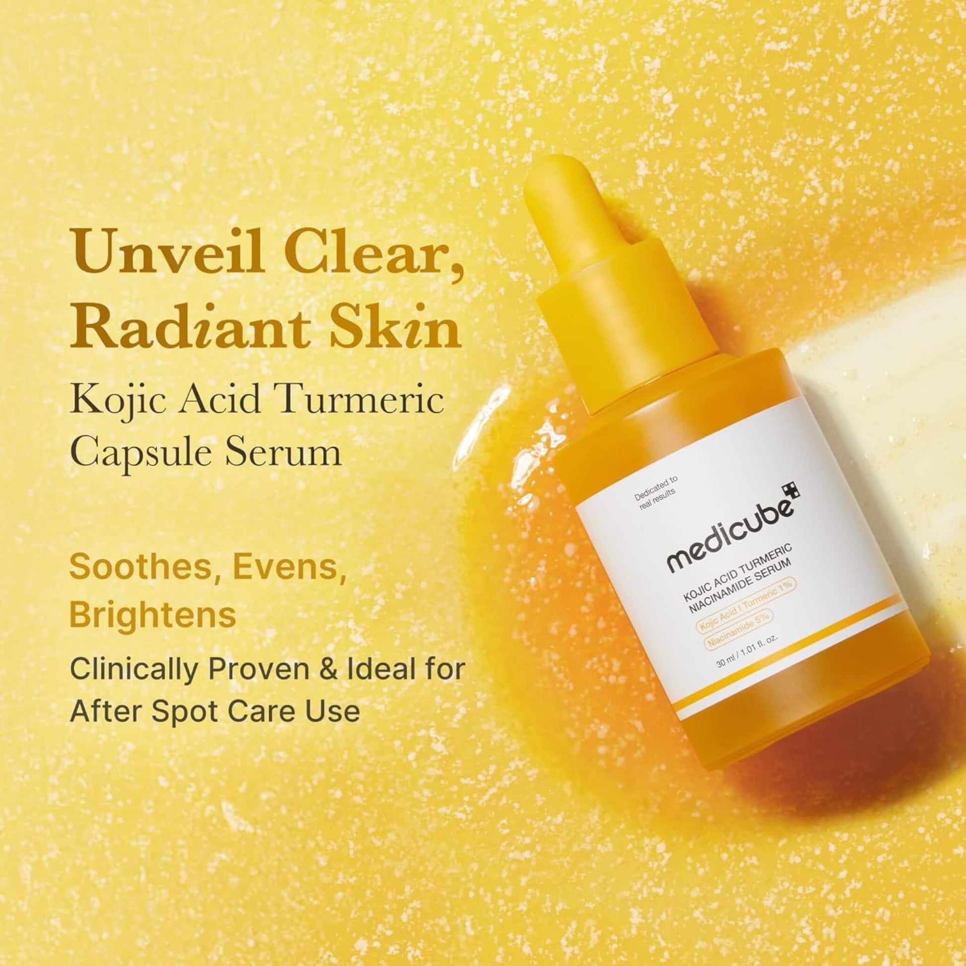 Medicube Kojic Acid Turmeric Capsule Serum bottle on a yellow background