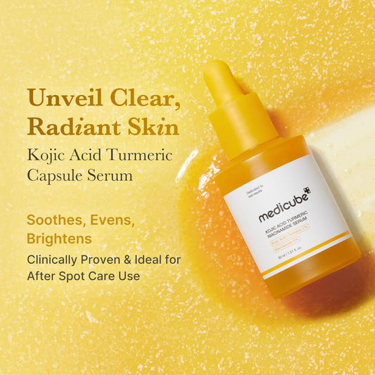 Medicube Kojic Acid Turmeric Capsule Serum bottle on a yellow background