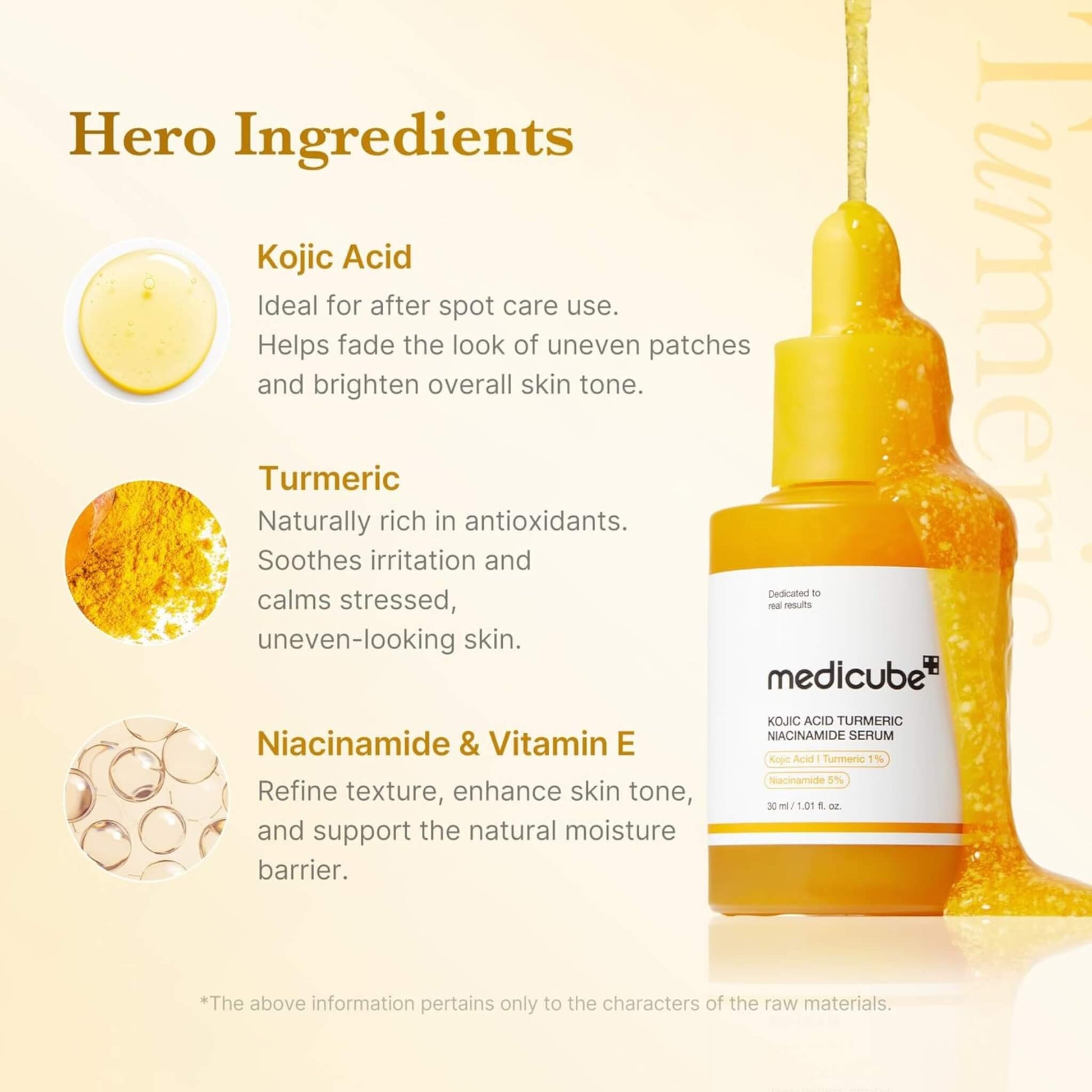 Medicube serum bottle with hero ingredients text and images on a beige background