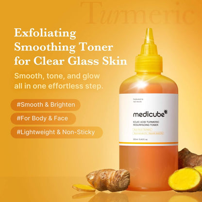 Bottle of medicube toner with turmeric root and pieces on a yellow background