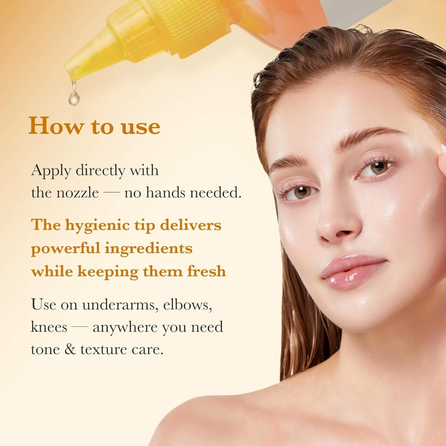 Woman applying a product with text on how to use it, featuring a yellow applicator.