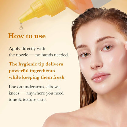 Woman applying a product with text on how to use it, featuring a yellow applicator.