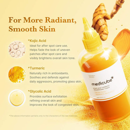 Medicube skincare product with ingredients and benefits on a yellow background