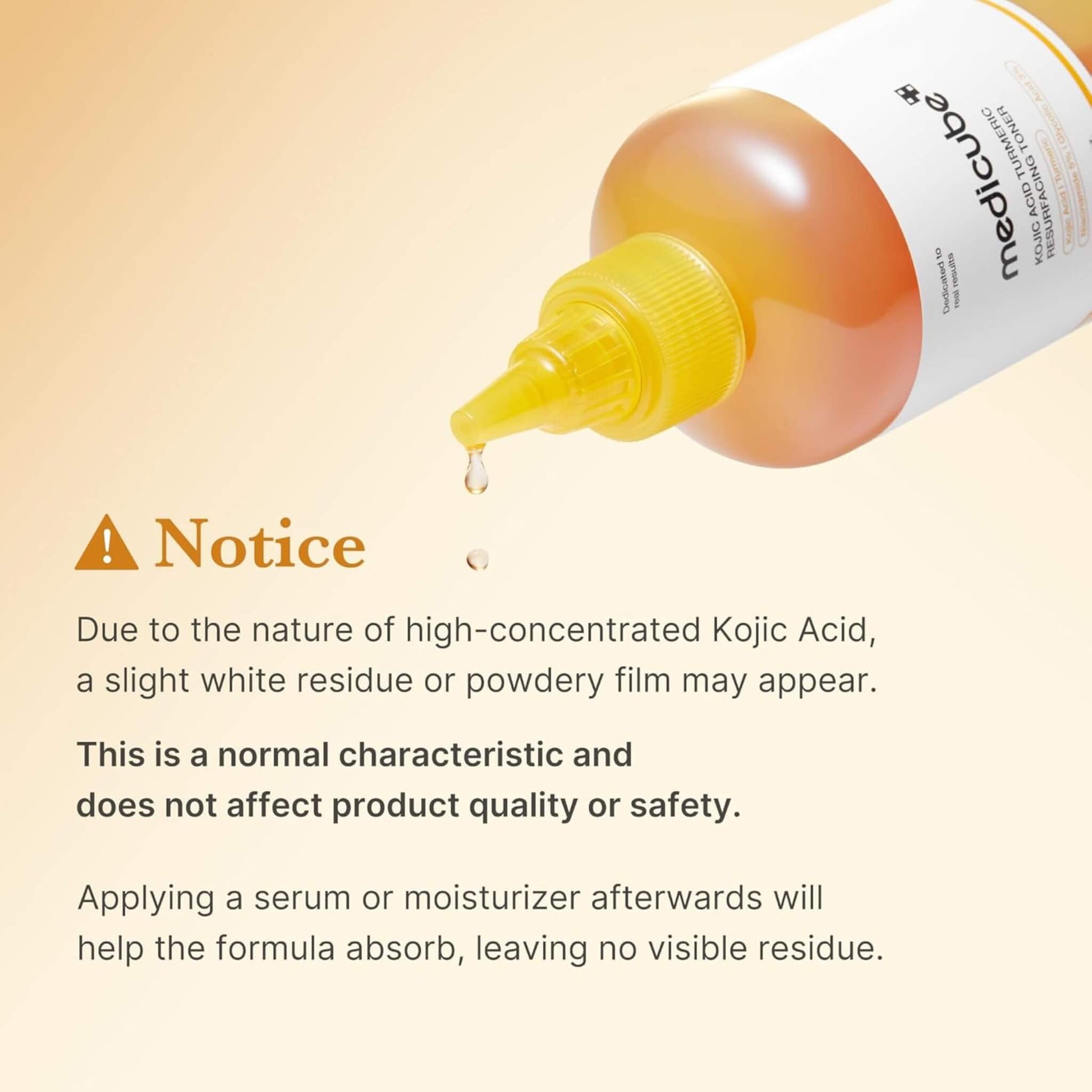 Bottle of serum with a dropper on a beige background, featuring text about Kojic Acid.