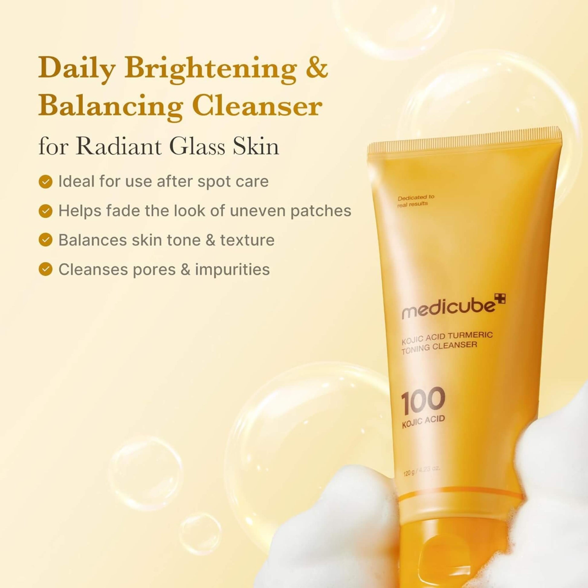 Medicube cleanser tube with product benefits on a yellow background