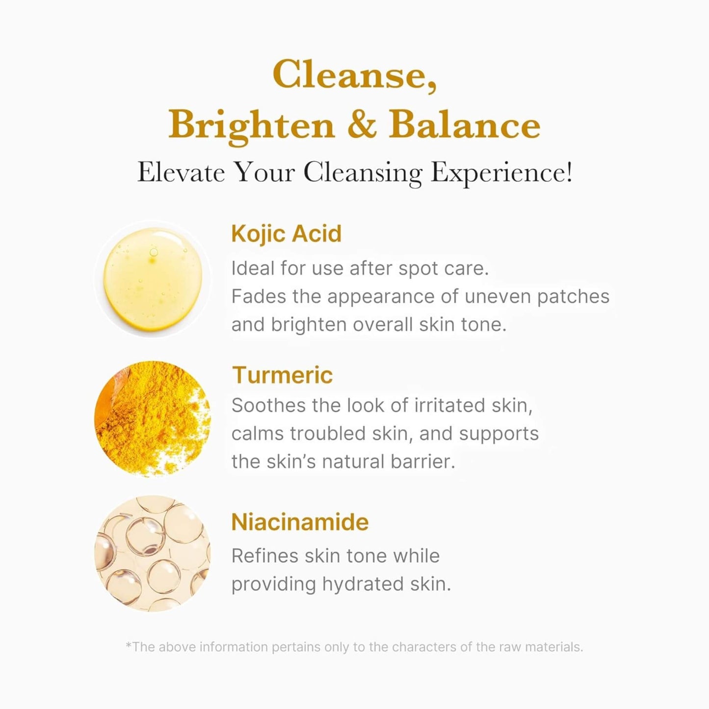 Product description card with ingredients Kojic Acid, Turmeric, and Niacinamide for skin care.