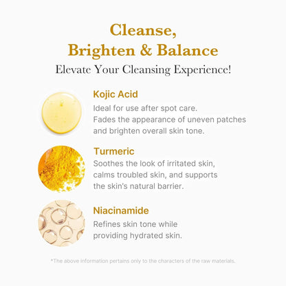 Product description card with ingredients Kojic Acid, Turmeric, and Niacinamide for skin care.