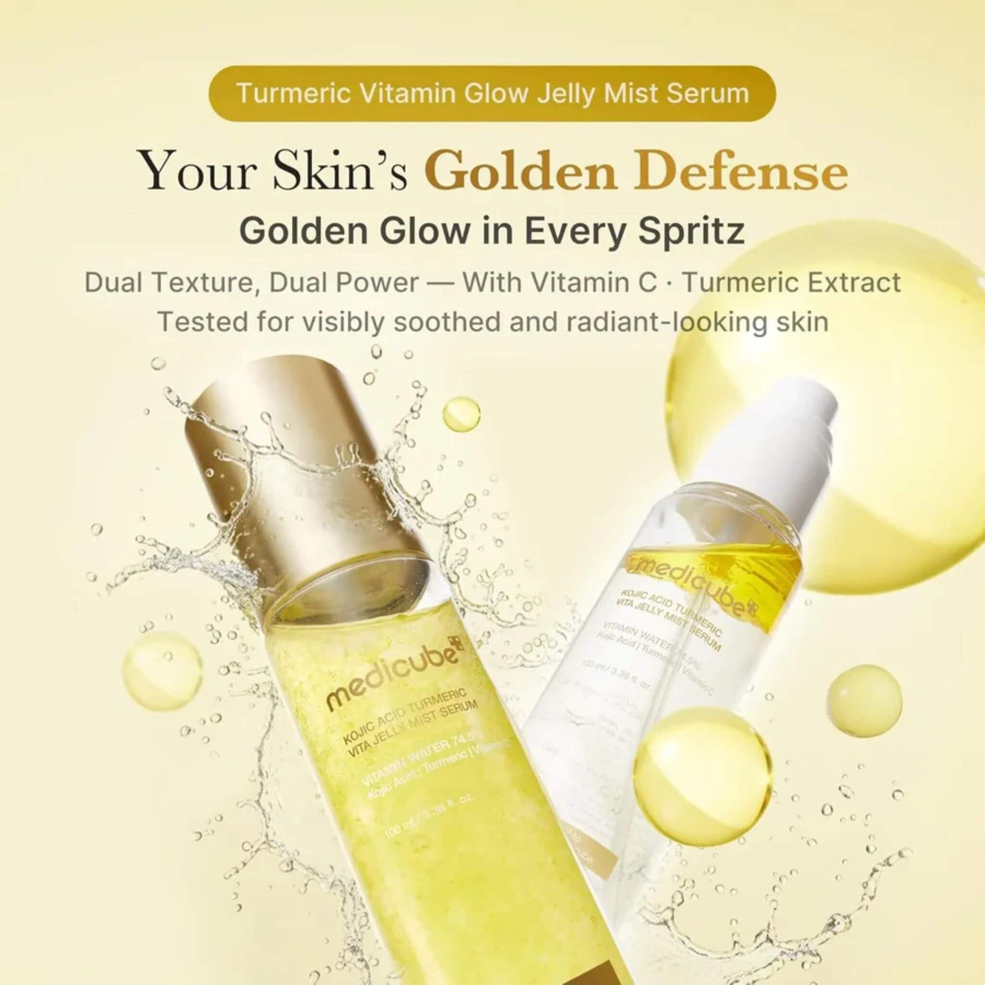 MediCube Turmeric Vitamin Glow Jelly Mist Serum with product bottles and text on a yellow background