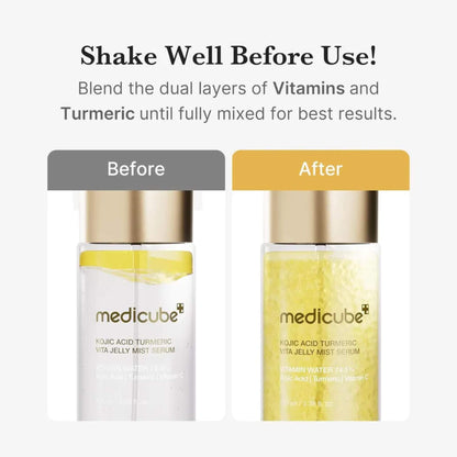Two bottles of Medicube Jelly Mist Serum with 'Before' and 'After' labels on a white background.