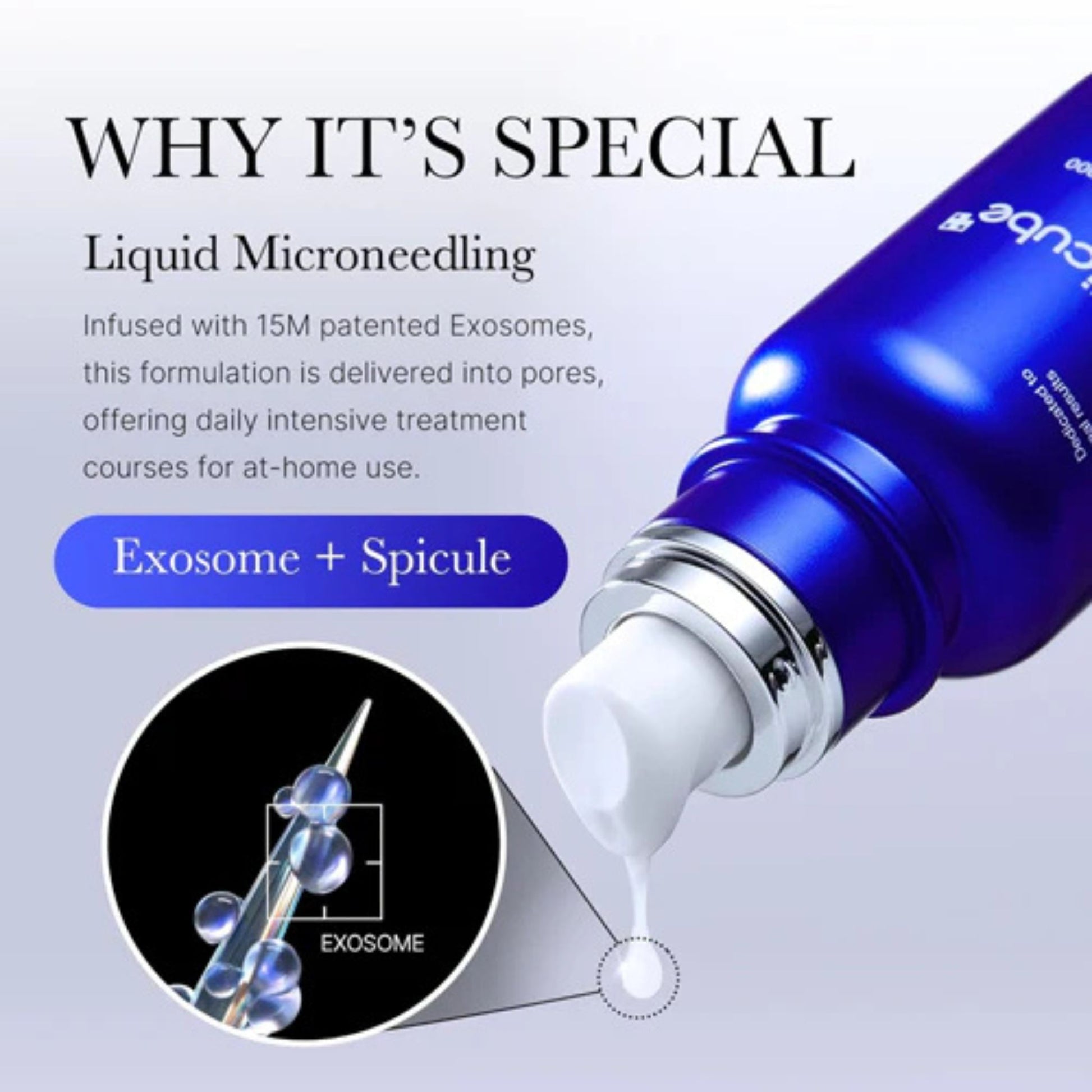 Blue skincare serum bottle with text explaining its special features on a light gray background