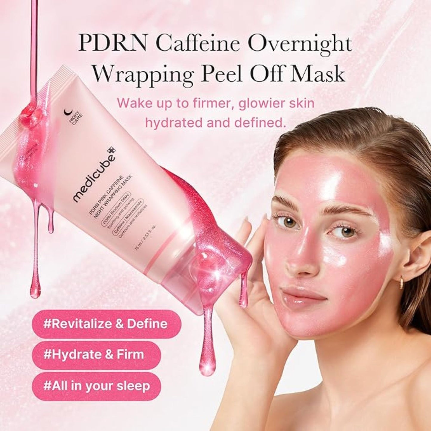 PDRN Caffeine Overnight Wrapping Peel Off Mask with a woman wearing it on a pink background