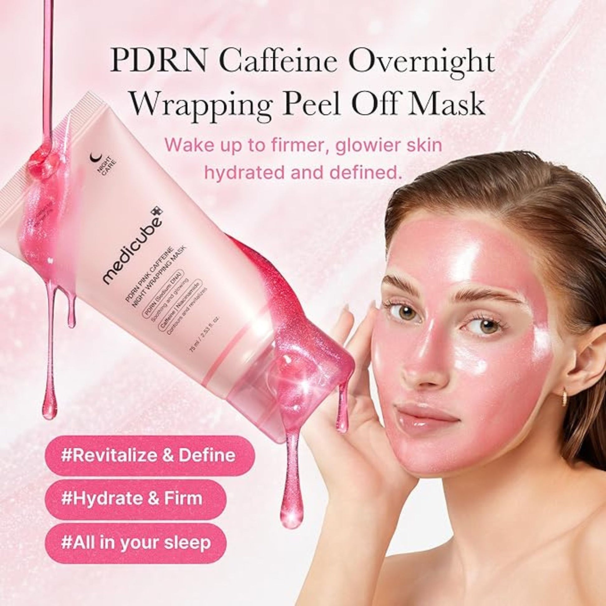 PDRN Caffeine Overnight Wrapping Peel Off Mask with a woman wearing it on a pink background