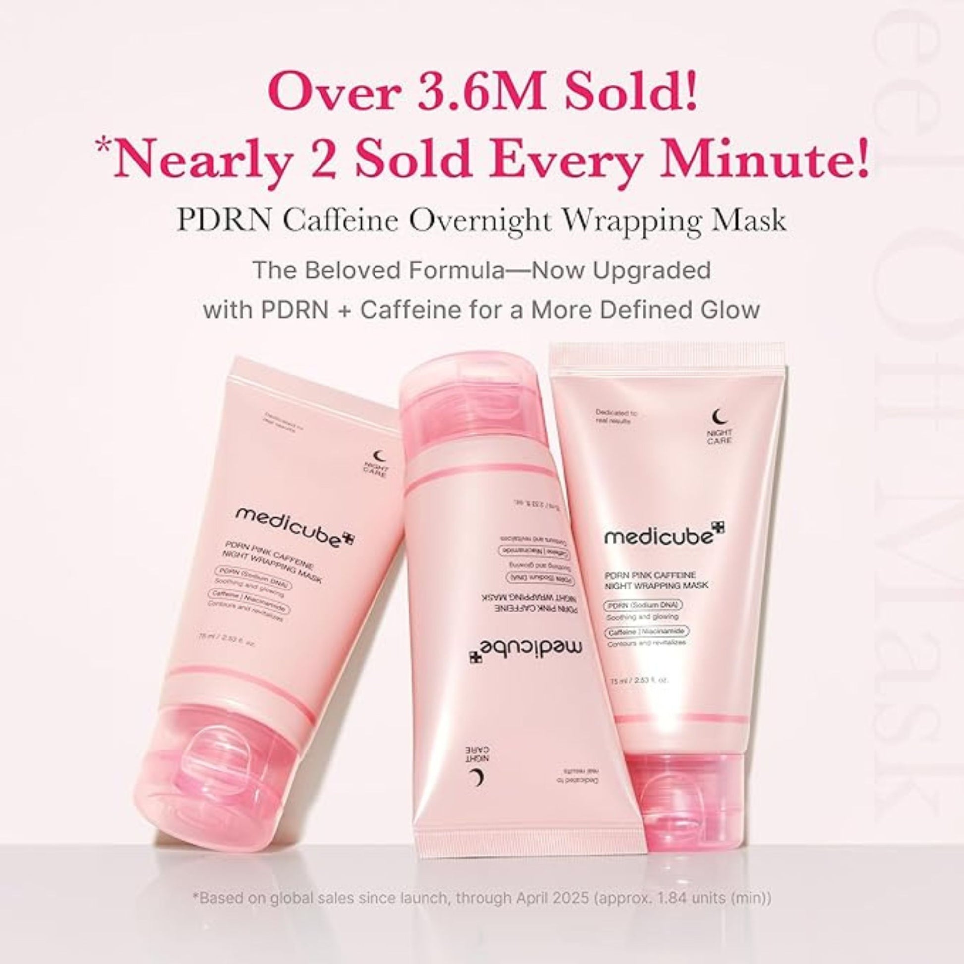 Three pink packaging of medicube PDRN Caffeine Overnight Wrapping Mask on a white background with promotional text.
