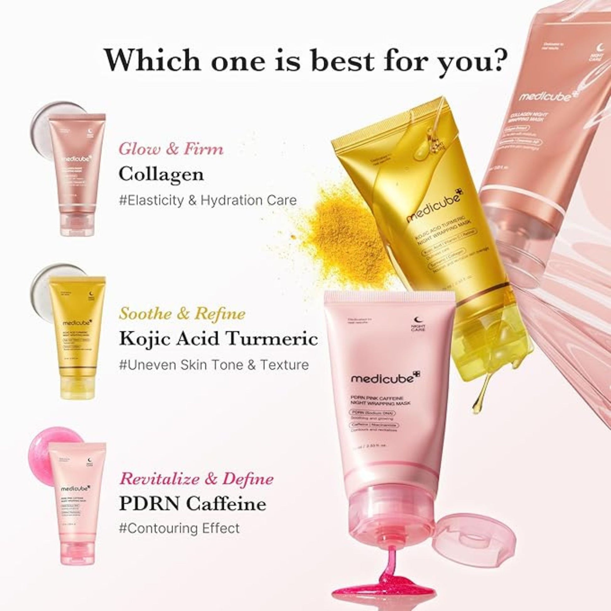 Medicube skincare products with text describing their benefits on a white background