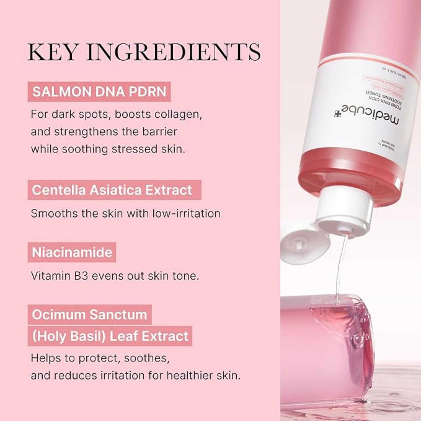 Skincare product with key ingredients listed on a pink background