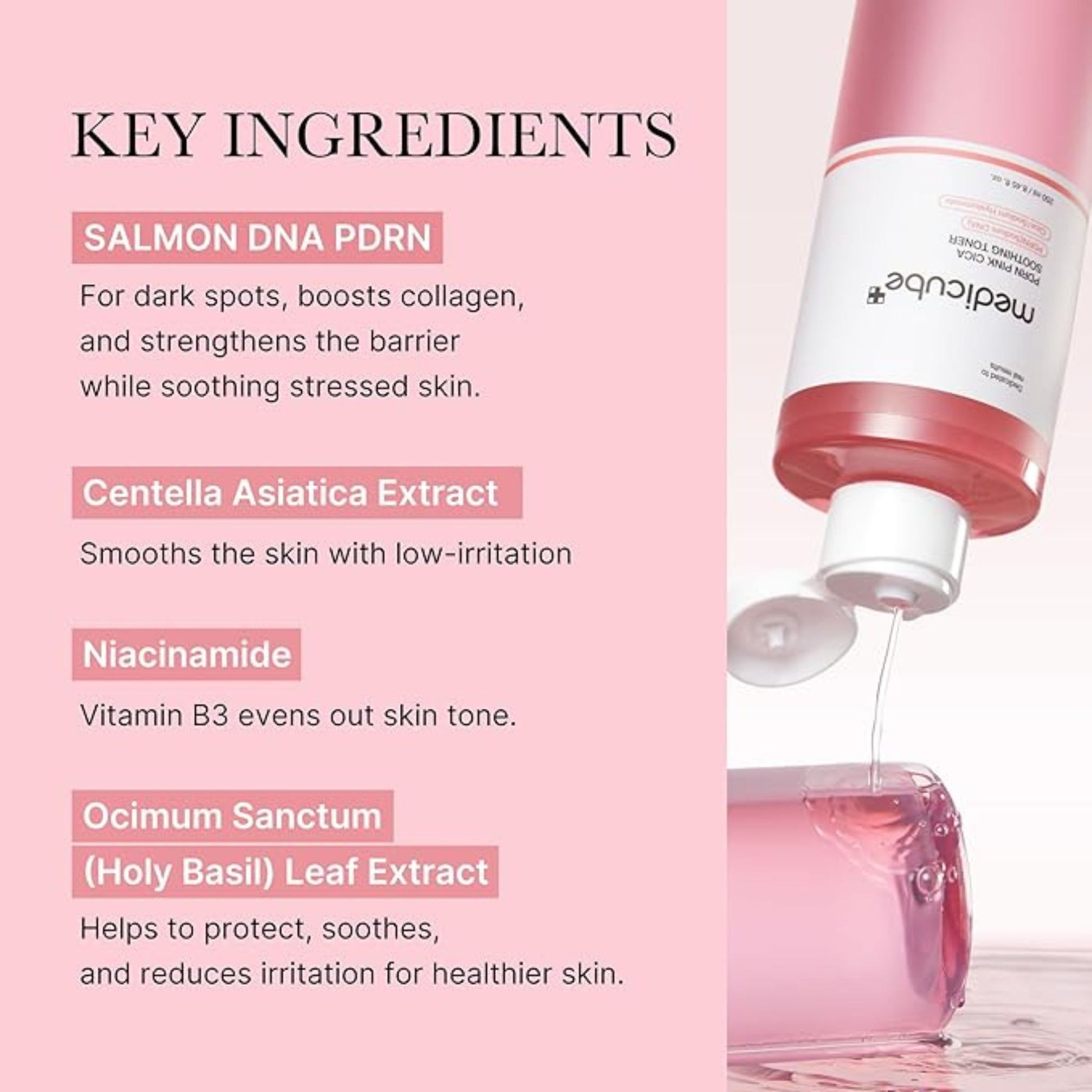 Skincare product with key ingredients listed on a pink background