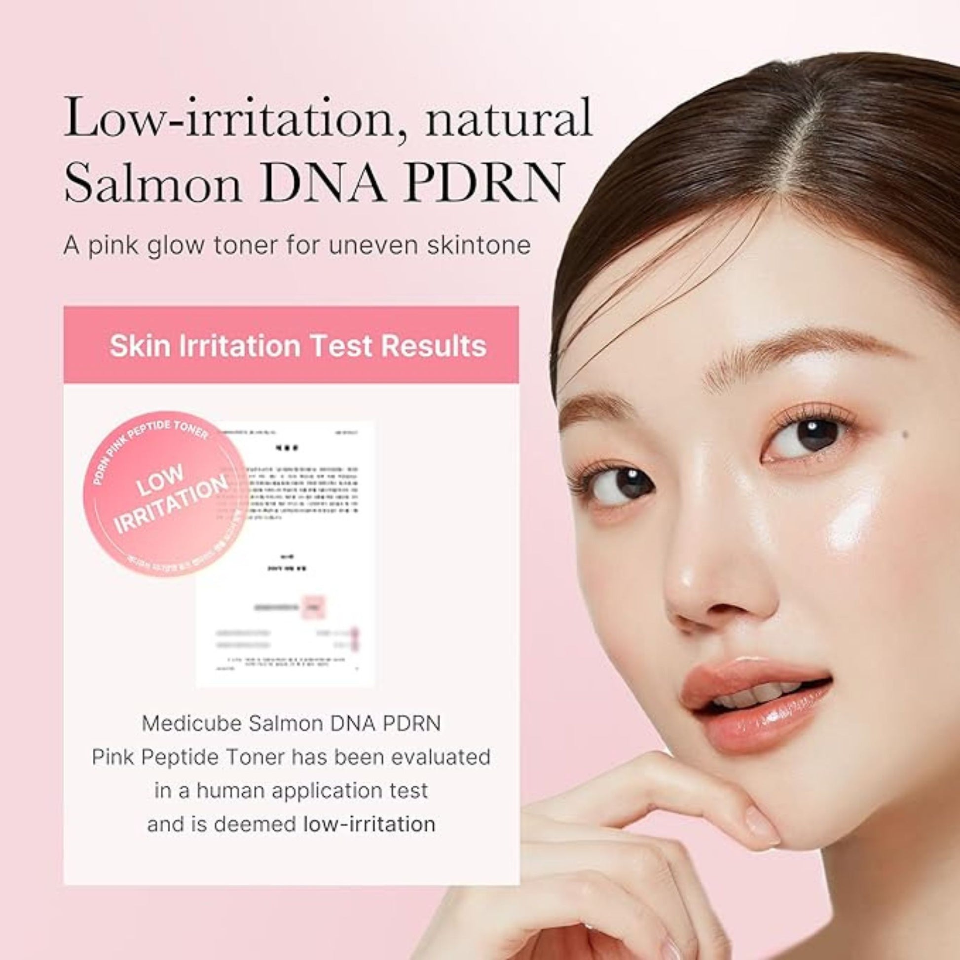 Woman with a pink glow toner on her face, with text about low-irritation Salmon DNA PDRN product.