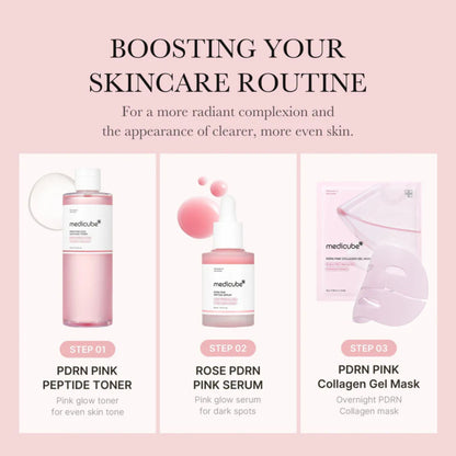 Skincare product set with bottles and packaging on a pink background, featuring text about boosting skincare routine.