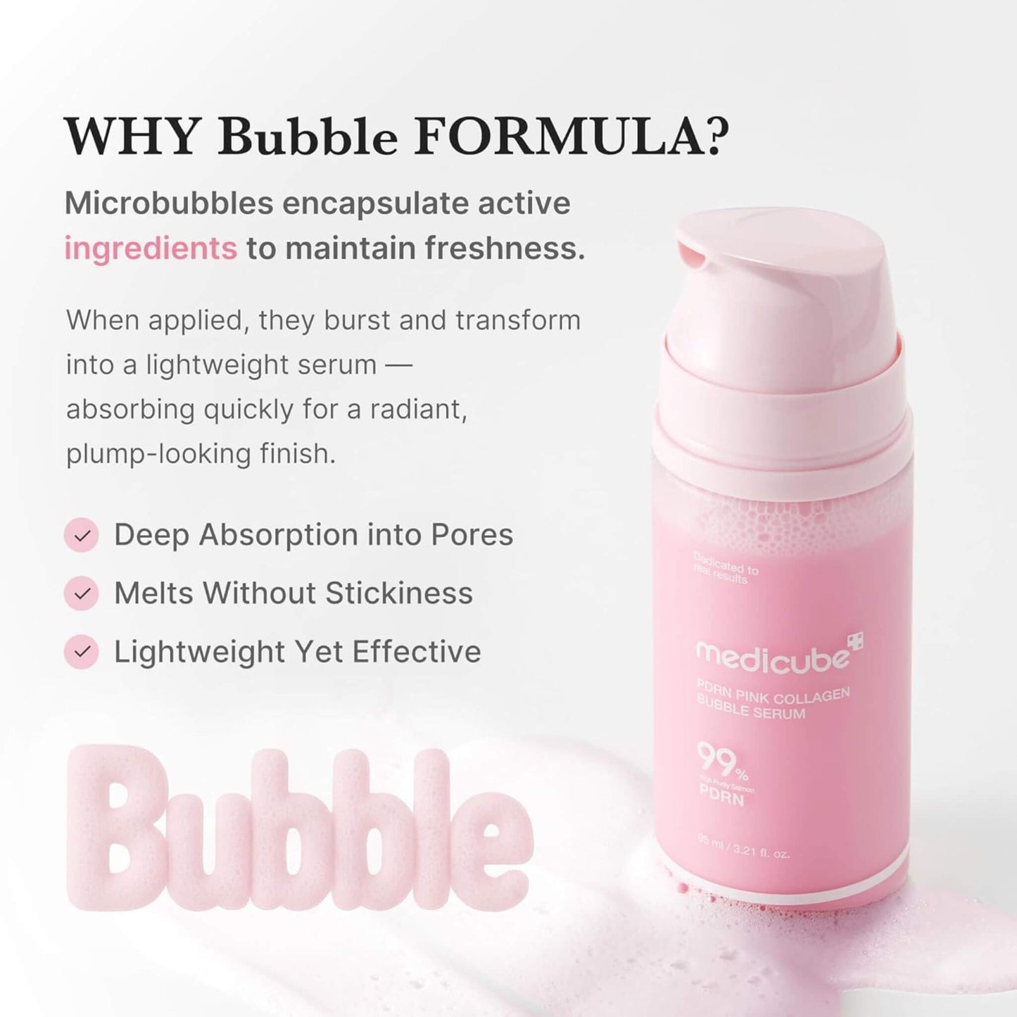 Pink skincare serum bottle with text explaining bubble formula benefits on a light background